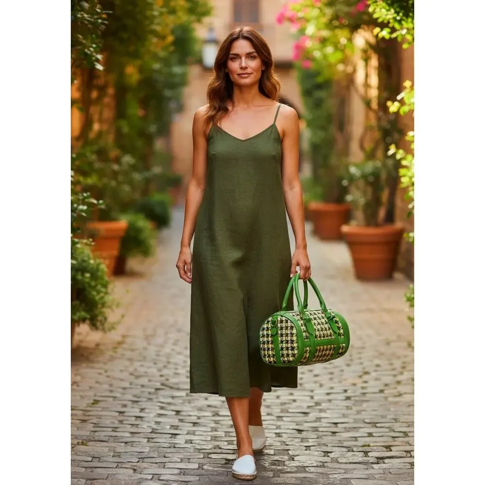 Tory Burch Green Nylon & Leather Boston Satchel Gold Hardware Bag Charm